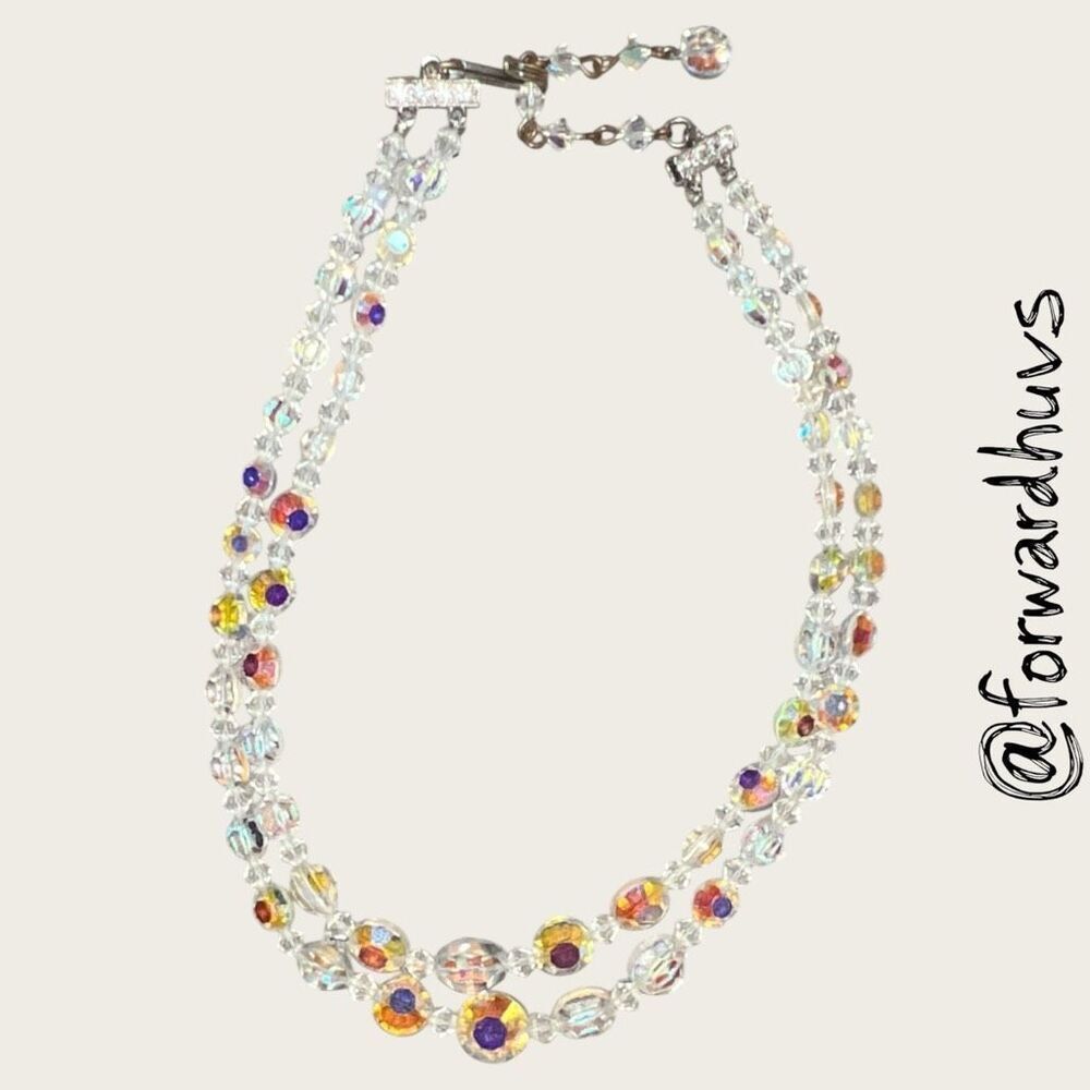 Mid-Century Double-Strand Aurora Borealis Necklace – Faceted Crystal Beads 1950s